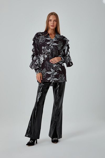 Mizalle Ruffle Patterned Shirt on Sleeves