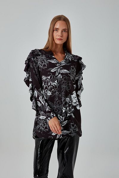 Mizalle Ruffle Patterned Shirt on Sleeves