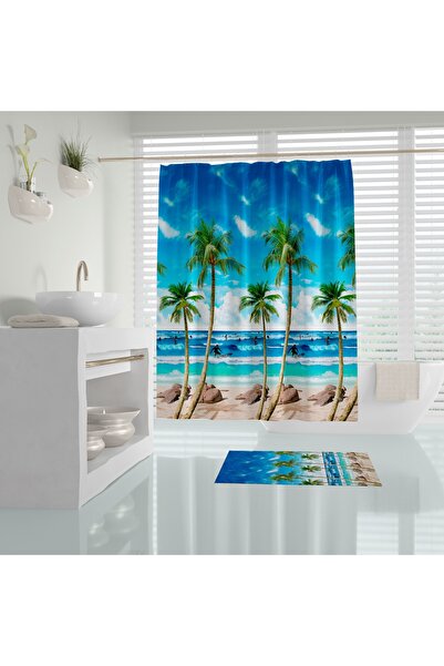 Zethome Perdeau de baie Palm Beach - 1x180x200 o singură aripă, perdea pentru cabină de duș cu inel cadou