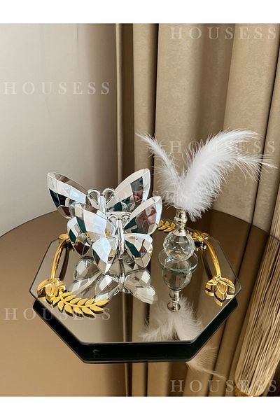 Housess Decorative Mirrored Leaf Detailed Tray and 2-Piece Silver Butterfly Single Silver Feather Holder