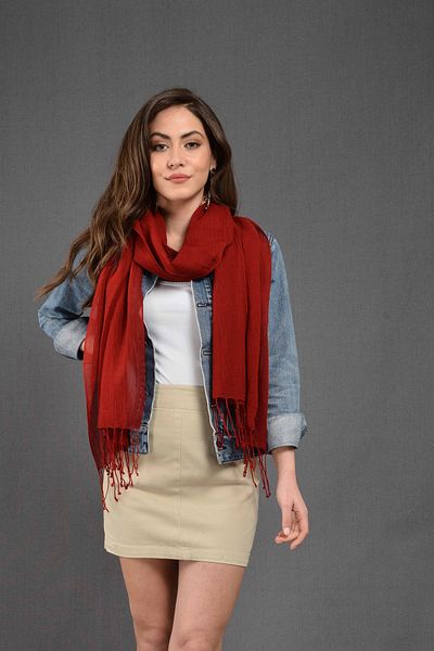 Dosimira Women's Red Solid Color Fringed Cotton Large Shawl 45X190 cm