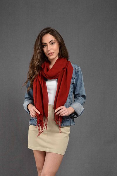 Dosimira Women's Red Solid Color Fringed Cotton Large Shawl 45X190 cm