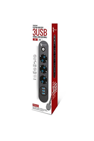 Genel Markalar Fulltech Ftr-01 2500 W Uzatma 3 Usb Termal Akım Korumalı 10a Ç...