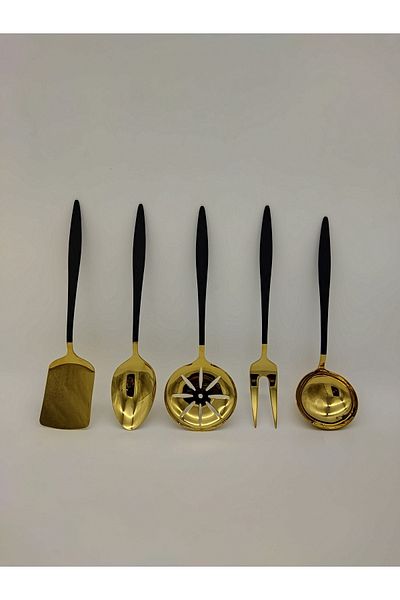 BRONDOFF Carmen 5 Piece Black Titanium Gold Serving Set