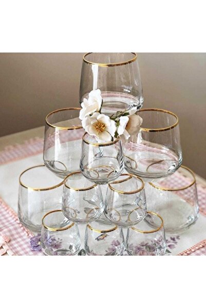 EVRA 6 Kişilik 12 Parça Altın Su Bardağı Likör Bardağı Takımı