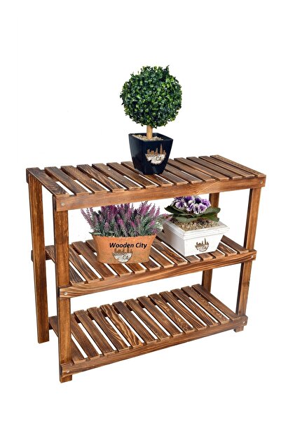 Wooden City Kahverengi Saksı Standı Dekoratif Raf 3 Katlı Çiçeklik Ahşap Stan...