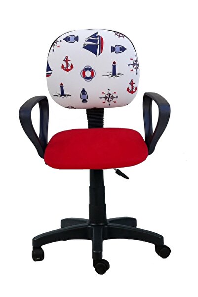 Depolife Çocuk Odası Ders Çalışma Ofis Koltuğu Gemici Dümen Desenli Kırmızı