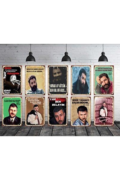TAKIFİX Ahmet Kaya & Azer Bülbül Seti 10 Adet 20x30 Cm Retro Ahşap Tablo