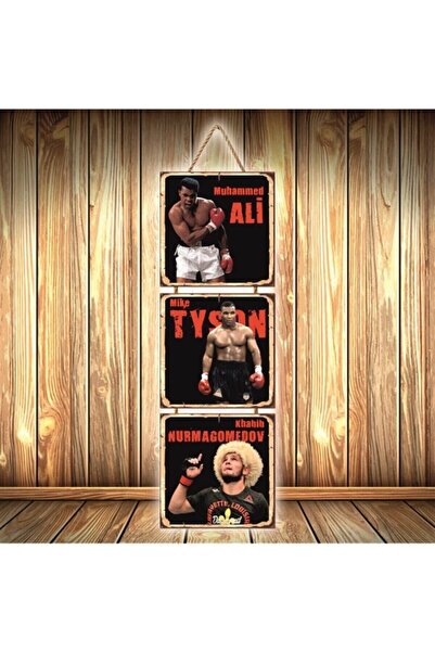 Genel Markalar Muhammed Ali Tasarımlı Üçlü Retro Ahşap Poster Ü532