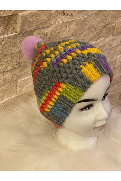 Gönülden Tasarım Colorful Embossed Knitted Pom-Pom Children's Beanie