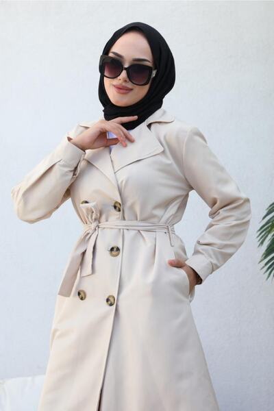 benguen 5853 Boyfriend Hijab Trench Coat Beige