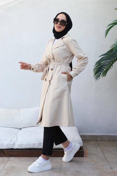 benguen 5853 Boyfriend Hijab Trench Coat Beige