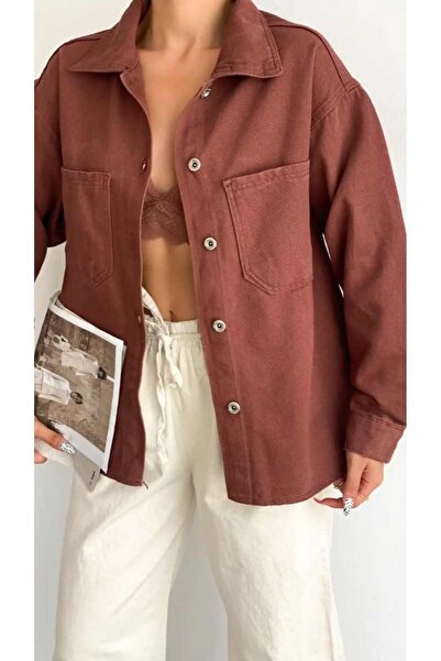ÇEÇİM Kiremit Kadın Oversize Denim Gömlek