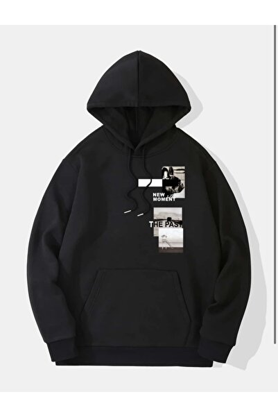 LOUİSA Hanorac negru cu glugă cu imprimeu The Past oversize