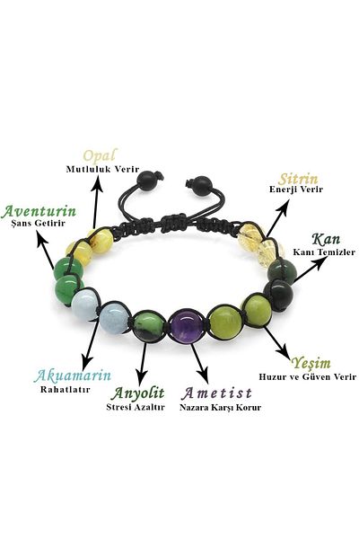 Tesbihane Macrame Braided Sphere Cut Multiple Natural Stone Combination Women's Healing Bracelet