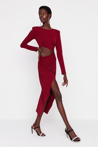Trendyol Collection Bordó duplasoros kötött ablak/kivágás részletesen elegáns estélyi ruha TPRAW23EL00272