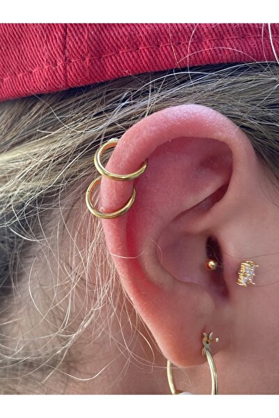 Arescollection Cerrahi Çelik Gold Renk 2 Adet Menteşeli Tam Halka Tragus Helix Kıkırdak Lobe Uyumlu Piercing