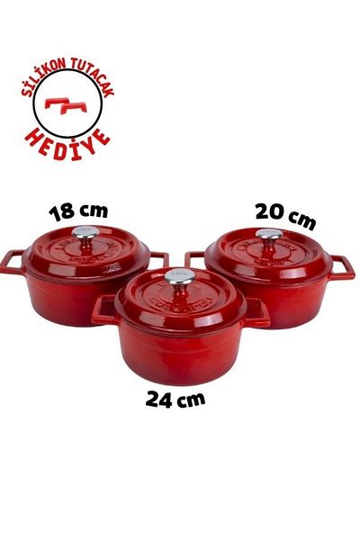 Lava Cast Iron Three Pot Set Trendy Red Silicone Handle