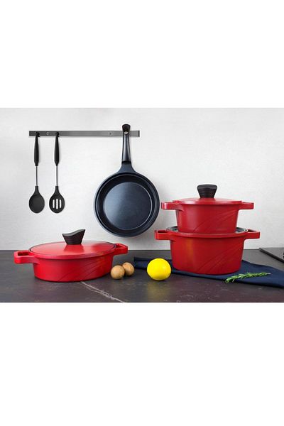 Prima Nova Bordain Aluminum Casting Ceramic Coating 7 Piece Cookware Set Red