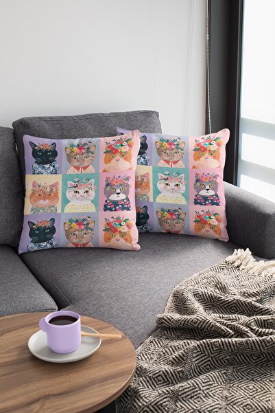 Viva Home 43x43cm Dokuma Kedili Premium Tay Tüyü Kumaş Çift Taraflı Kırlent Yastık Kılıfı Krl457