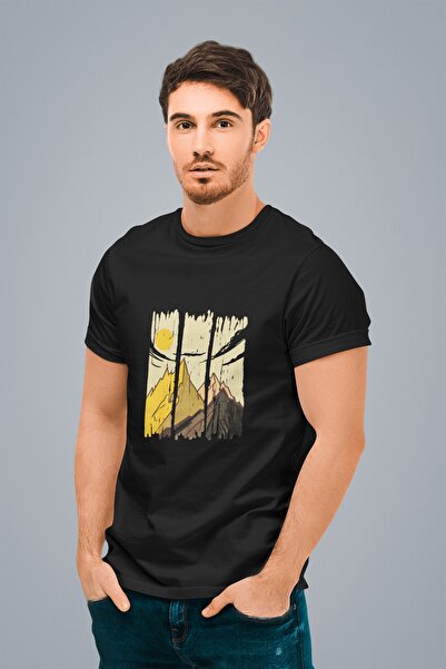 ErTaPassage Black Mountain and Sun Printed Men's T-shirt - T9385821