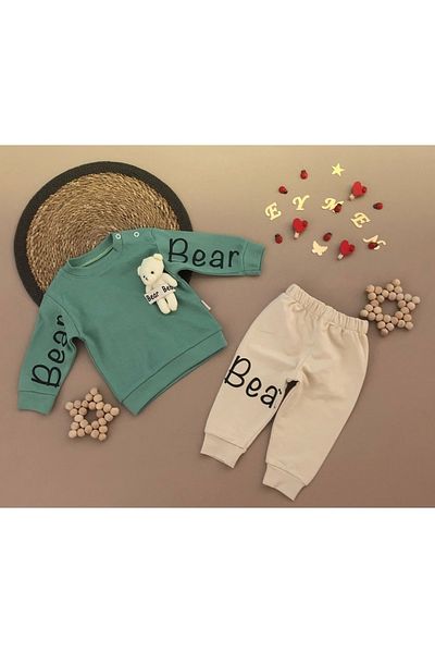 Bebek 2-Piece Tracksuit Set with Teddy Bear Sleeves and Bear Lettering
