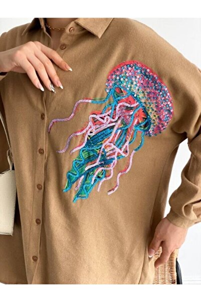 FancyWorld Ahtapot Desenli Pul Payet Işlemeli Örme Kaşe Kumaş Bej Gömlek