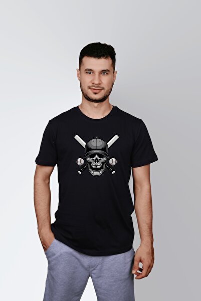 ErTaPassage Baseball negru pentru bărbați Skull cu imprimeu Standard tricou T...