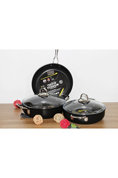 Nehir 5 Parça Titanium Siyah 24-26 Cm Basık Tencere & 26 Cm Tava Seti