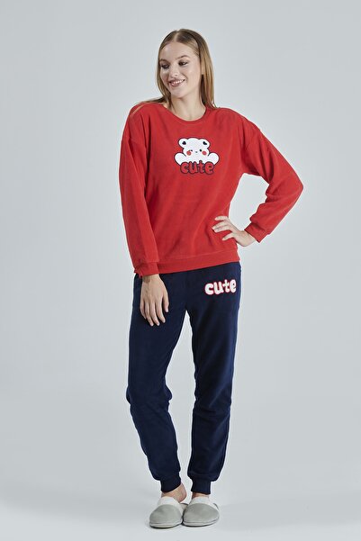 Alissa Kadın Kırmızı Polar Pijama Takımı Yuvarlak Yaka