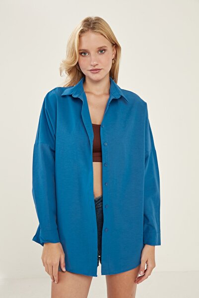 MEECY Cămașă Saks Blue Oversize Long Basic pentru damă
