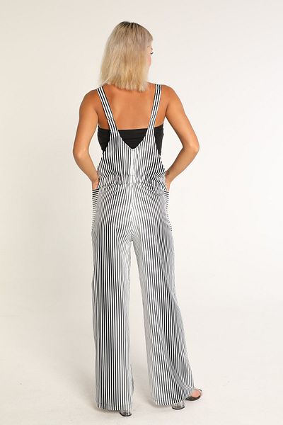 ZEUS GİYİM Black Striped Long Leg Pocket Casual Gardener Jumpsuit - Salopet