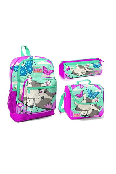 Yaygan Coral High Kids Set of 3 - Cat Patterned School Bag, Nutrition and Pen Holder 23707/mix3