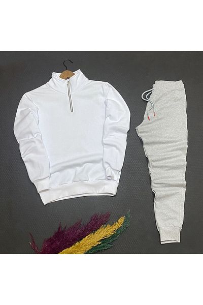 NewCabin New Season Half Zippered Cotton White Sweat-Grey Cotton Sweatpants Set, Top, Bottom, 2-Piece