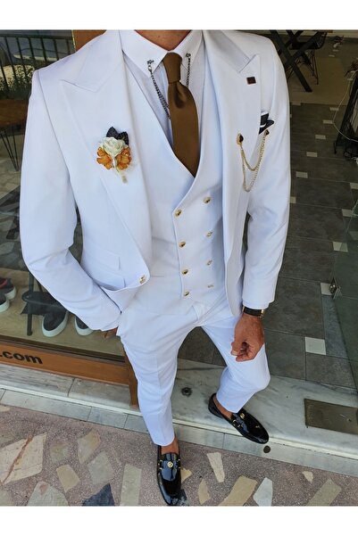 SARDINELLI Özel Üretim Dar Kesim Geniş Yaka Yün Yelekli Takım Elbise