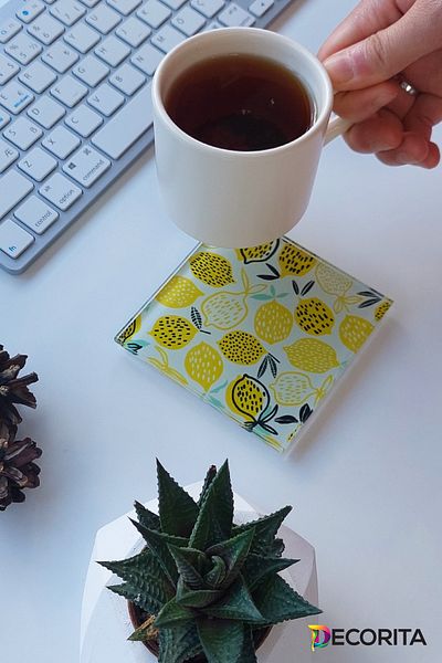 Decorita Glass Coaster| Yellow Lemons| Set of 4| 10cm X 10cm