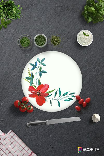 Decorita Flower Motif Patterned |   Glass Cutting Board - Glass Cutting Board |   Diameter 32cm