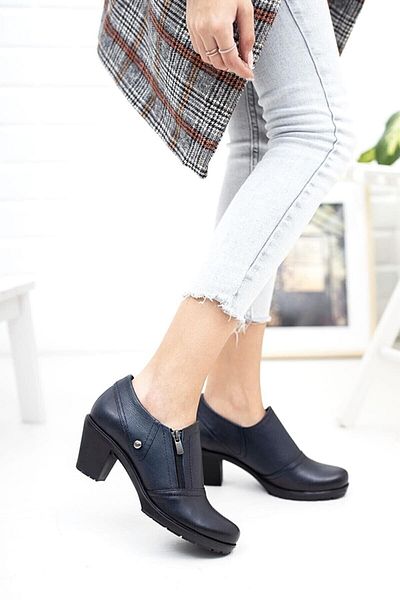 DERİMİSS Navy Blue Short Heeled Genuine Leather Women's Orthopedic Shoes