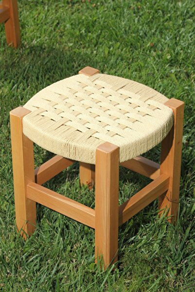 Bal-Kar Ahşap Hasır Örgülü Büyük Boy Tabure Doğal Renk