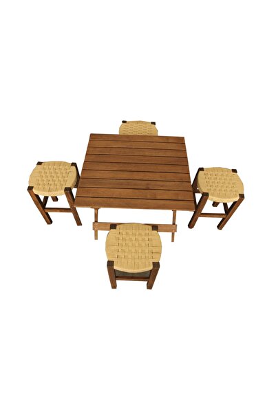 Bal-Kar Ceviz Rengi Ahşap Hasır Örgülü Tabure Ve Masa Seti, Piknik Seti, Balkon Tabure Seti