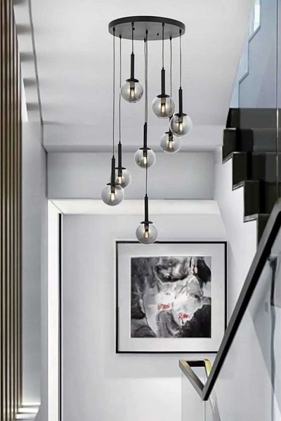 BSA LIGHTING ثريا حديثة باللون الأسود من ريفا مكونة من 8 قطع (زجاج مدخن)