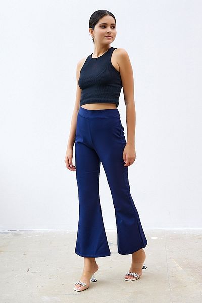 InStyle High Waist Flared Leg Double Fabric Trousers - Navy Blue