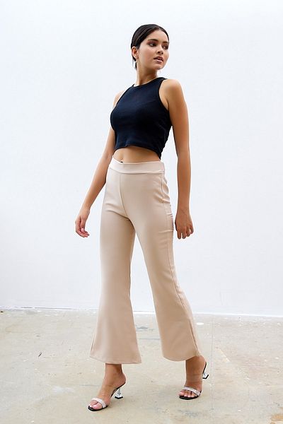 InStyle Pantaloni dublu din material evazat cu talie înaltă - bej