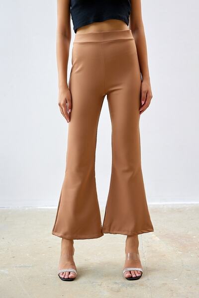 InStyle High Waist Flared Leg Double Fabric Trousers - Camel