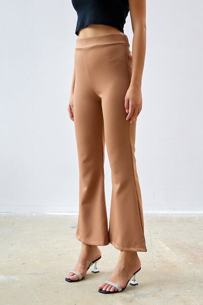 InStyle High Waist Flared Leg Double Fabric Trousers - Camel