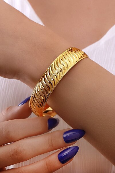 barisiva gold 22 Ayar Has Altın Kaplama Simli Rüzgargülü 1.5 Cm Geniş Bilezik