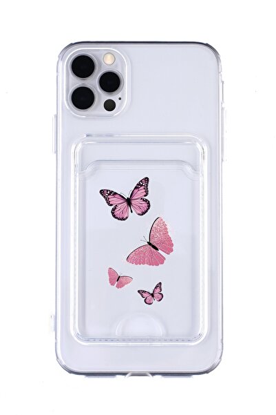 mooodcase Iphone 11 Pro Max Uyumlu Pembe Kelebekler Desenli Şeffaf Kamera Korumalı Ve Kartlıklı Telefon Kılıfı