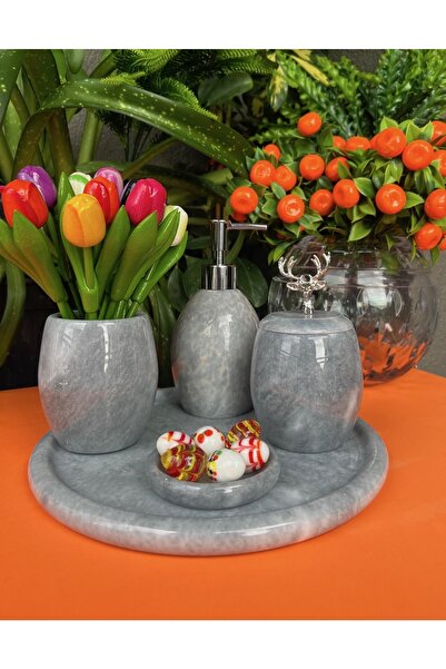 MIARIK DESIGN & DEKORASYON Dekoratif Gri Mermer Banyo Seti Takımı 5 Li Gümüş ...