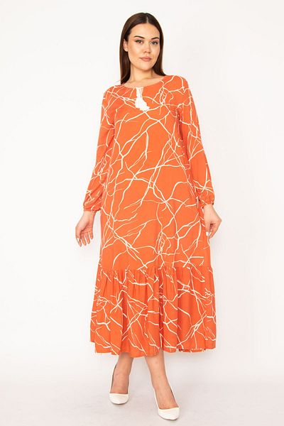 Şans Langärmliges Lagenkleid aus gewebtem Viskosestoff in Orange für Damen in großer Größe 65n34278