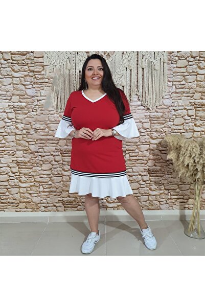 BİrHoşButik Plus Size Lycra Cotton Sleeve Flounce Ruffled Hem Ribbed V-neck Seasonal Red Dress